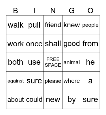 Trick Words Bingo Card