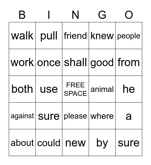Trick Words Bingo Card