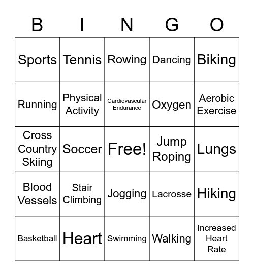 Cardiovascular Endurance - 1 Bingo Card
