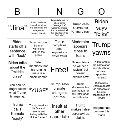 First Presidential Debate 2020 Bingo Card