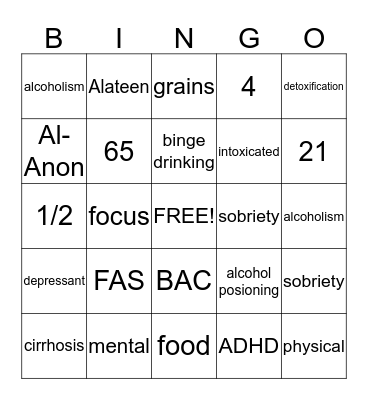Alcohol Bingo Card