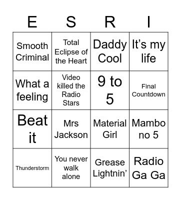 60/70/80's Bingo Card
