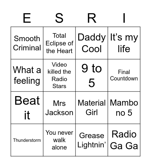 60/70/80's Bingo Card