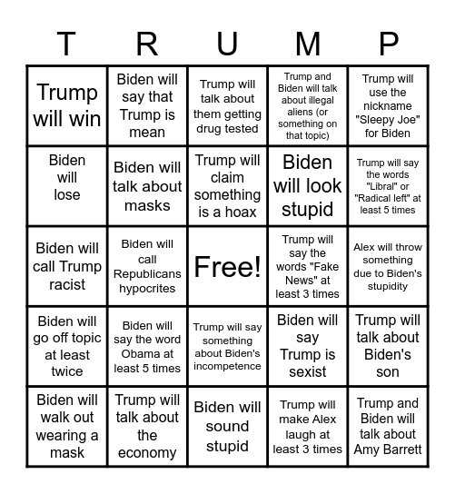 2020 presidential debate Bingo Card