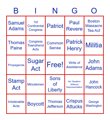 Causes of the American Revolution Bingo Card