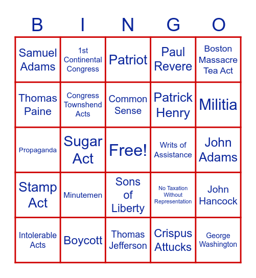 Causes of the American Revolution Bingo Card