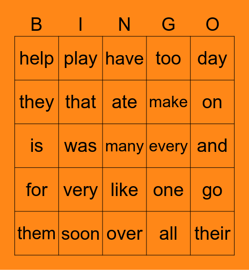 High Frequency Bingo Card