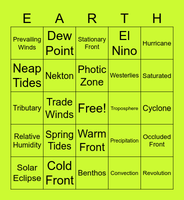 Earth Science Mid-term Review Bingo Card
