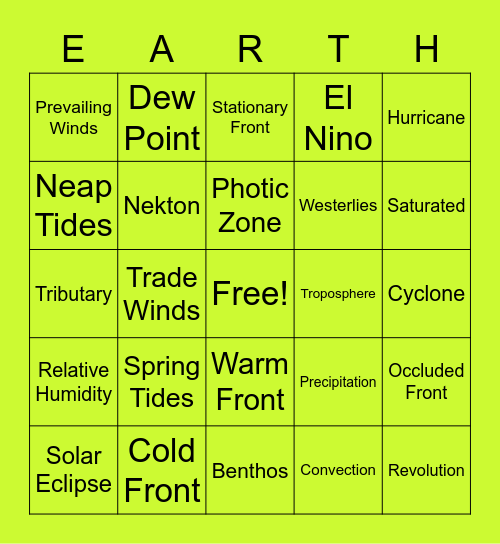 Earth Science Mid-term Review Bingo Card