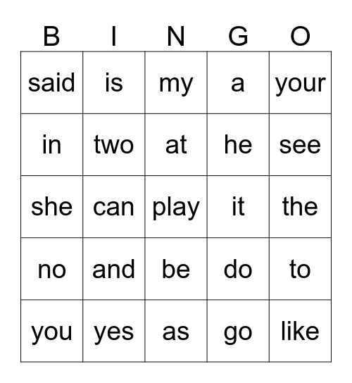 Sight Word Bingo Card