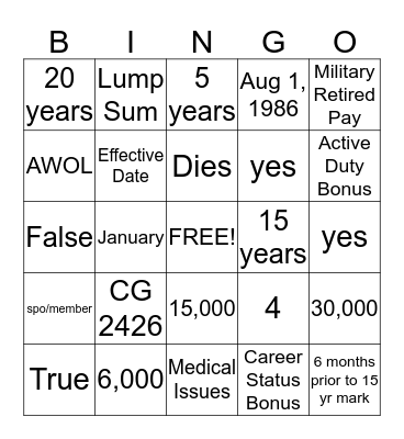 Career Status Bonus Bingo Card