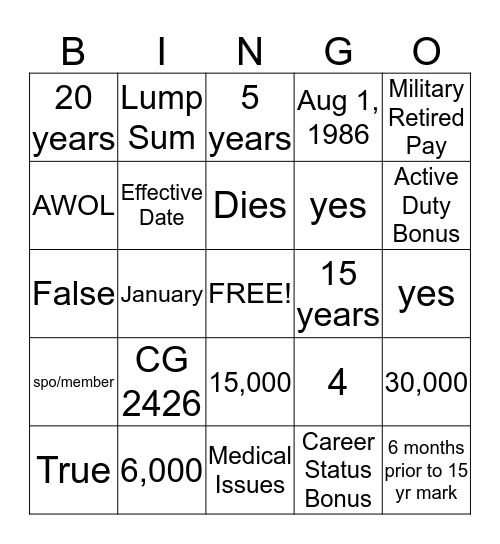 Career Status Bonus Bingo Card