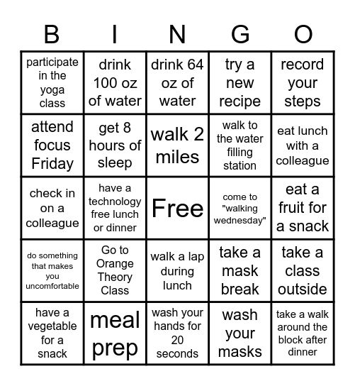 October Wellness Challenge Bingo Card