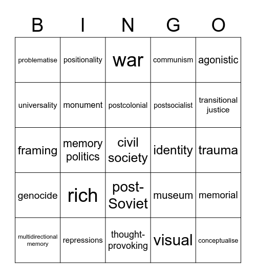 Memory studies conference Bingo Card