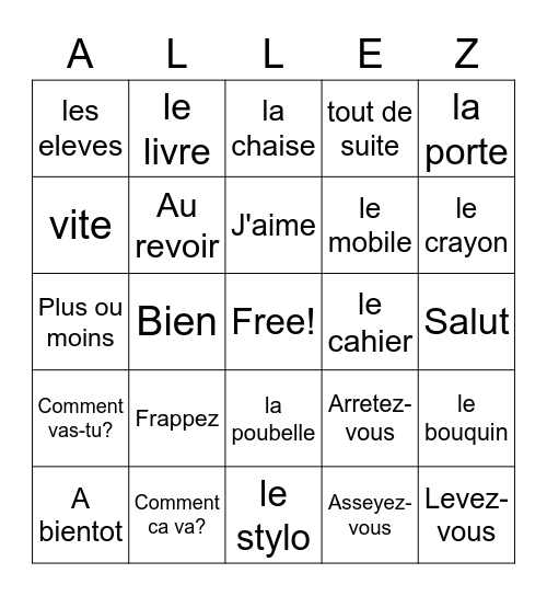 French I Bingo Card