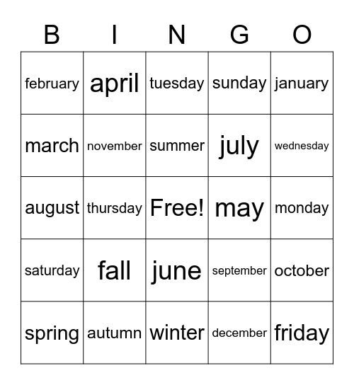 les mois, les jours, les saisons Bingo Card