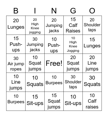 Fitness Bingo Card
