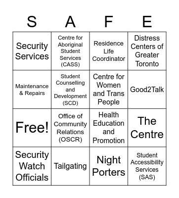 York University Safety Week Bingo Card