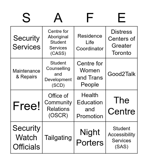 York University Safety Week Bingo Card