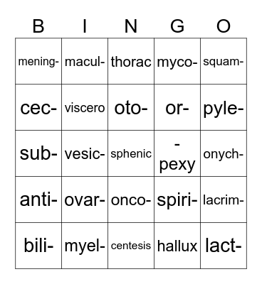 Medical Terminology #5 Bingo Card