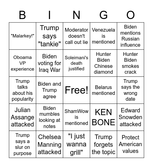 Debate Time 2020! Bingo Card