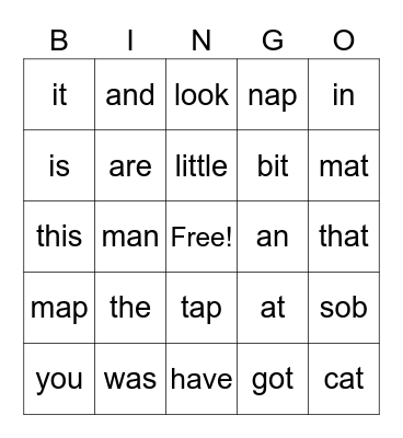 sightword bingo Card