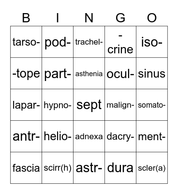 Medical Terminology #7 Bingo Card