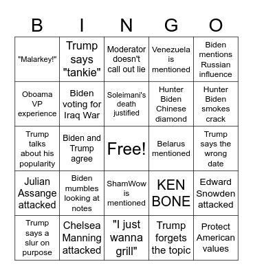 Debate Time 2020! Bingo Card