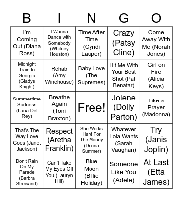 Best Female Musicians Bingo Card