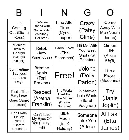 Best Female Musicians Bingo Card