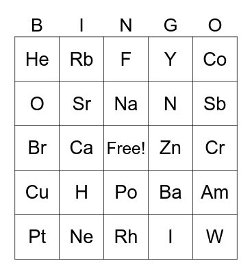 Periodic Table Bingo Card