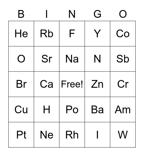 Periodic Table Bingo Card
