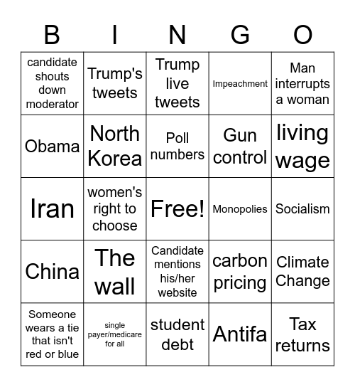 First Democratic Presidential Debate 2020 Bingo Card