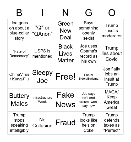 2020 Presidential Debate #1 Bingo Card