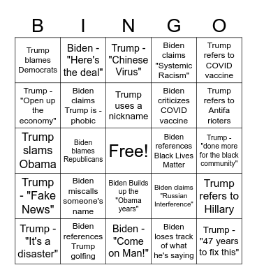 Presidential Debate Bingo Card