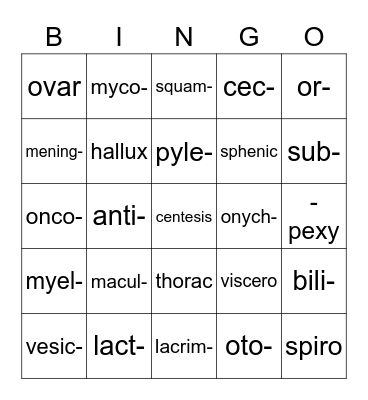 Medical Terminology #5 Bingo Card