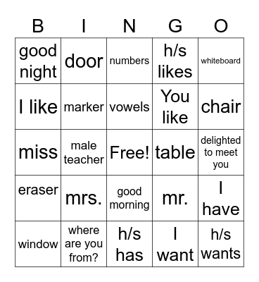 Classroom vocab and structures Bingo Card