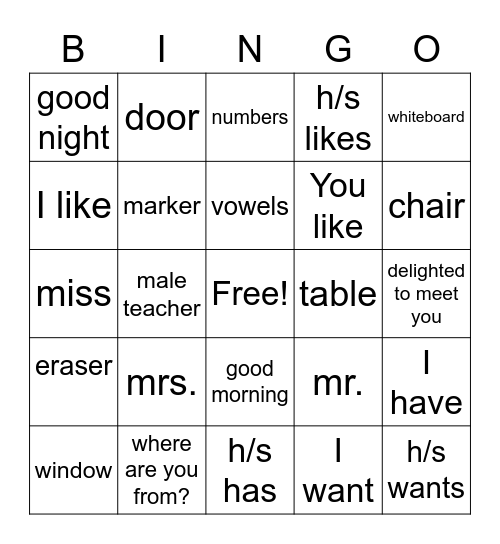 Classroom vocab and structures Bingo Card