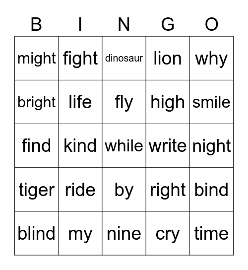 Long I Bingo Card