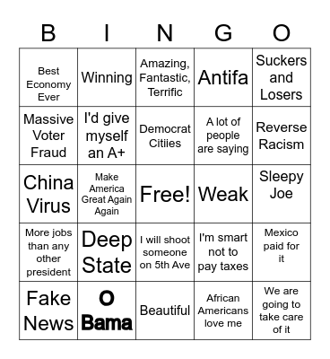 Trump Bestest Debate Sayings Bingo Card