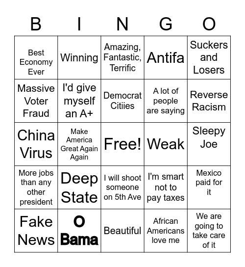 Trump Bestest Debate Sayings Bingo Card