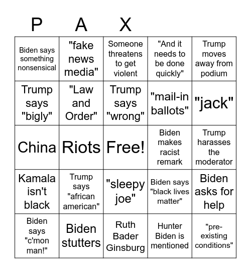 Pax Presidental Debate Bingo Card