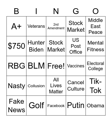 2020 Presidential Debate Bingo Card
