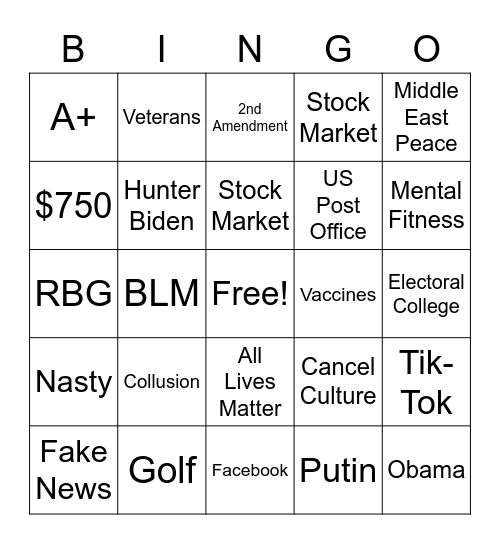 2020 Presidential Debate Bingo Card