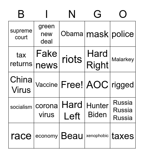 Presidential Debate Bingo Card