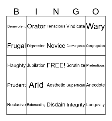 ACT Vocabulary Words Bingo Card