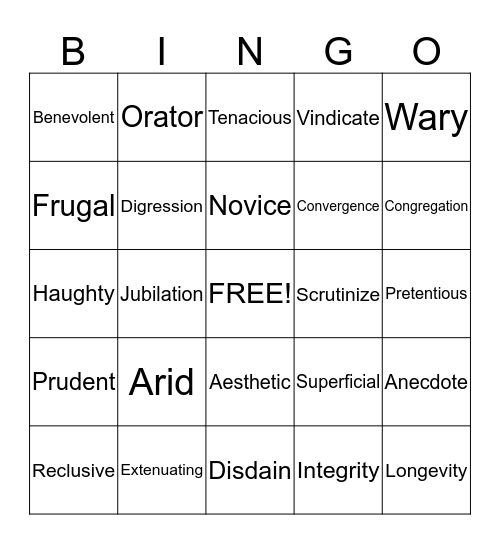 ACT Vocabulary Words Bingo Card