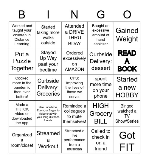 Social Distancing BINGO Card