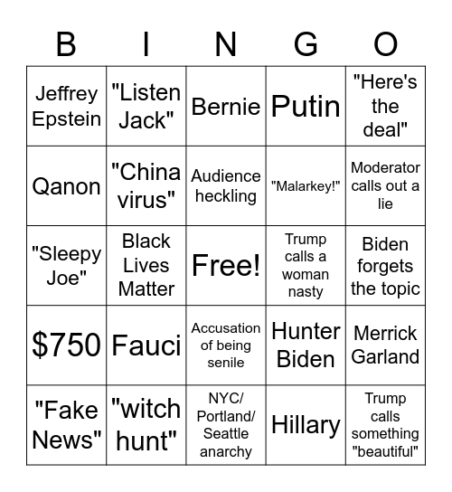 Presidential Debate Bingo 2020 Bingo Card