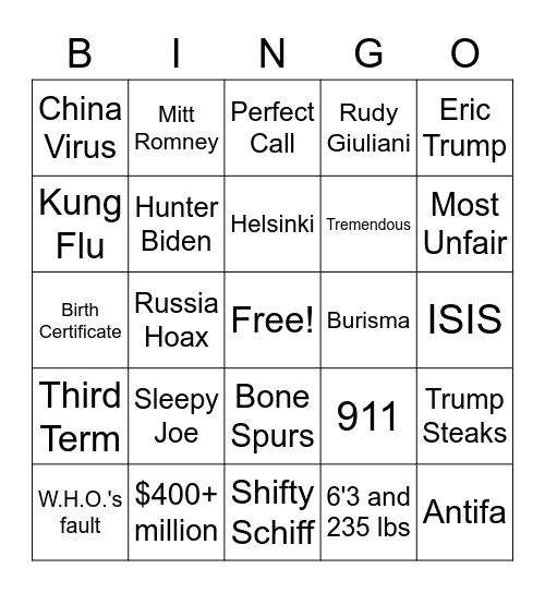 2020 Debate Bingo Card